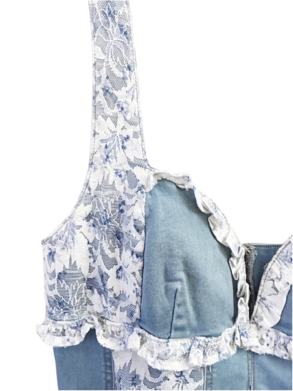The Vintage Shop Blue Stretch Denim Lace Trim Ruffle Mini Dress Sweetheart L - Picture 5 of 14